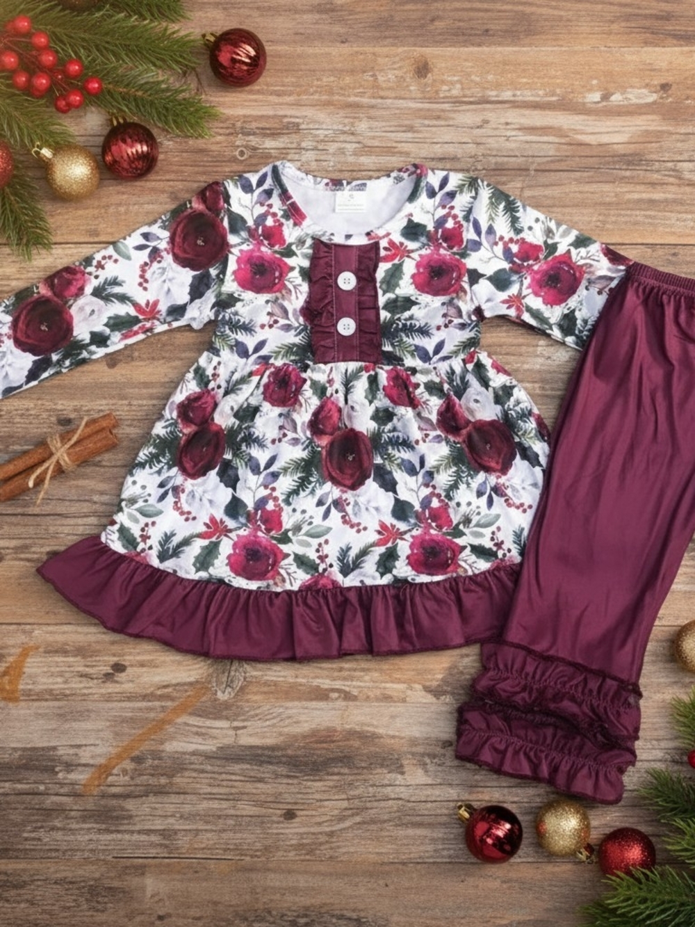 Kids Floral Burgundy Ruffle Pant Set